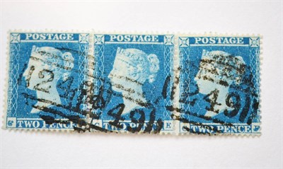 Lot 922 - Great Britain. 1854 2d Blue horizontal strip of three CD/CF, Plate 4, Perf 16, watermark small...