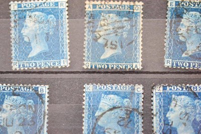 Lot 924 - Great Britain. 1854 to 1858 Nine 2d blues, all used. M-C greenish blue, Plate 5, perf 14,...