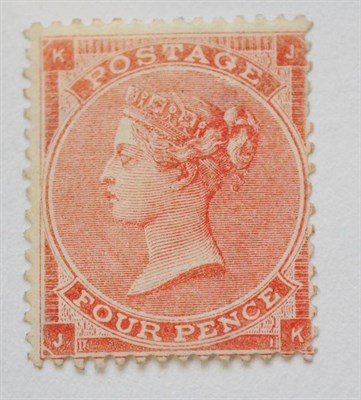 Lot 937 - Great Britain. 1862 to 1864 4d Pale red J-K, Plate 4, hair lines. Centred to lower right. Good mint