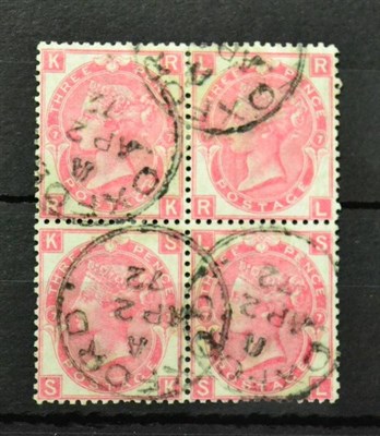 Lot 945 - Great Britain. 1865 to 1867 3d Deep rose block of four RK/SL, Plate 7, used with Oxford CDSs....