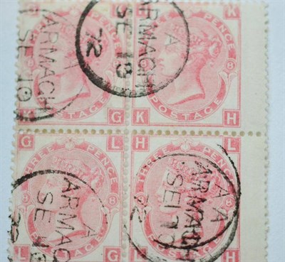 Lot 947 - Great Britain. 1867 3d Rose Watermark spray, KG-LH, wing block of four, Plate 6, used. S.G.Spec.J33