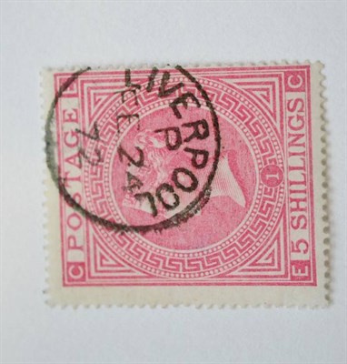 Lot 956 - Great Britain. 1867 5s Rose E-C, Plate 1. Watermark Maltese cross. Centred to right. Used with...