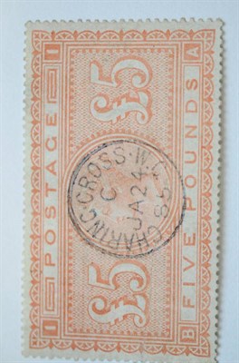 Lot 959 - Great Britain. 1867 to 1883 £5 Orange B-A, white paper, with well centred, used with Charing Cross