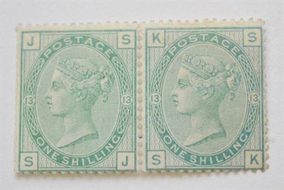 Lot 968 - Great Britain. 1873 to 1880 1s Horizontal pair SJ/SK, Plate 13. Fine mint. S.G.Spec.J113