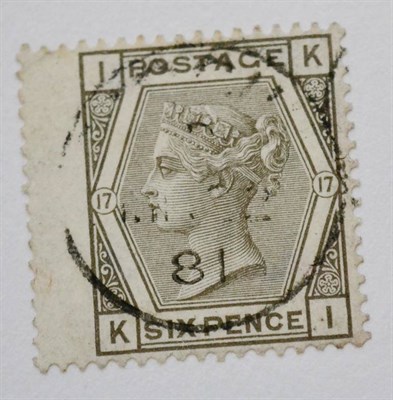 Lot 969 - Great Britain. 1874 6d Grey K-I, Plate 17, wing margin to left. Good used. S.G.Spec.J87a