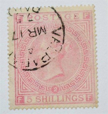 Lot 970 - Great Britain. 1874 5s Pale rose F-F, Plate 2. Watermark Maltese cross. Centred to right, used