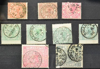 Lot 976 - Great Britain. 1876 Telegraph stamps used. 1/d Plate 5, 1d Plate 1, 3d Plate 2, 1s Pates 4, 5,...