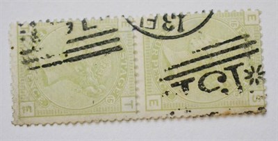 Lot 979 - Great Britain. 1877 4d Sage-green ST/TE, Plate 16 vertical pair. Watermark large garter. Used....