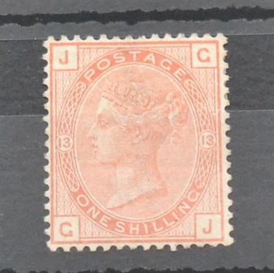 Lot 991 - Great Britain. 1880 1s Orange-brown G-J, Plate 13.  Watermark spray. Well centred. Fresh mint