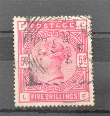 Lot 1023 - Great Britain. 1884 5s Rose L-F, used with a squared circle cancellation