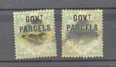 Lot 1037 - Great Britain. 1890 1s Green. Two overprinted Govt Parcels with Queen's head obliterated by ink (2)