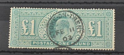 Lot 1050 - Great Britain. 1902 £1 Dull blue-green. Used with a fine Stoke-on-Trent FE 11 03 CDS