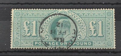 Lot 1052 - Great Britain. 1902 £1 Dull blue-green. Used with a neat FE 8 12 CDS. Creased, bottom left corner