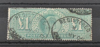 Lot 1053 - Great Britain. 1902 £1 Dull blue-green. Used with Registered oval cancels