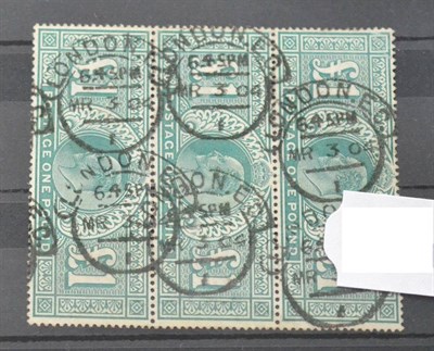 Lot 1054 - Great Britain. 1902 £1 Dull blue-green. Vertical strip of three, used with hooded London Mr 3 04