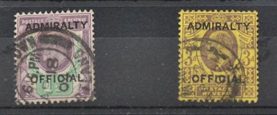 Lot 1055 - Great Britain. 1903 1 1/2d and 3d overprinted Admiralty Official, used