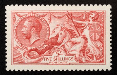 Lot 1073 - Great Britain. 1915 to 1918 5s Seahorse, mint. Bright carmine, well centred, gum disturbance...