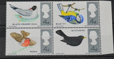 Lot 1096 - Great Britain. 1966 British Birds. Unmounted marginal block of four with reddish brown omitted from