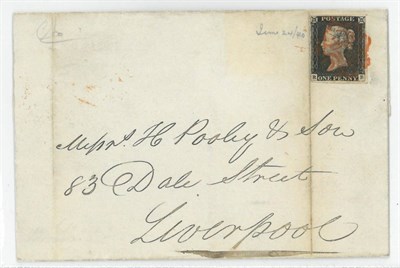 Lot 1122 - Great Britain. June 1840 outer letter sheet to Liverpool, bearing a 1d black R-B, Plate 2?,...