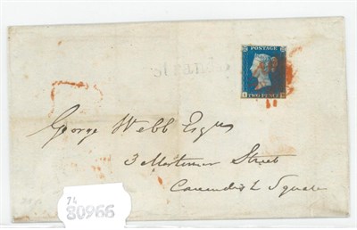 Lot 1125 - Great Britain. August 1840 outer letter sheet bearing a 2d blue I-B, Plate 1. Four margins, tied to