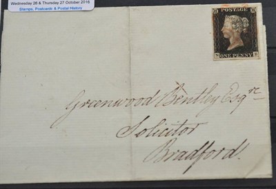 Lot 1145 - Great Britain. December 1840 wrapper to Bradford, bearing 1d Black N-B, Plate 2. Four margins, tied