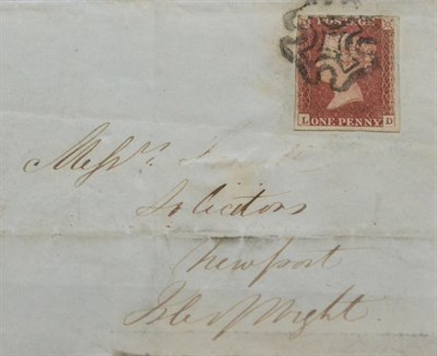 Lot 1182 - Great Britain. 1842 Outer letter sheet to Newport, Isle of Wight, bearing 1841 1d red L-D,...