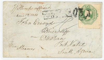 Lot 1205 - Great Britain. June 1851 cover to Port Natal, South Africa, bearing 1847 1s embossed. Cut...