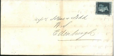 Lot 1210 - Great Britain. August 1854 Entire to Edinburgh bearing an 1841 2d blue T-J, Plate 4, adhesive place