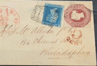 Lot 1212 - Great Britain. August 1855 cover to Philadelphia, USA, bearing 10d embossed, Die 3 applied...