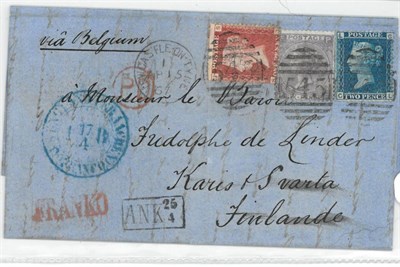 Lot 1220 - Great Britain. A pretty 1867 mixed franking entire from Newcastle upon Tyne to Finland, via...