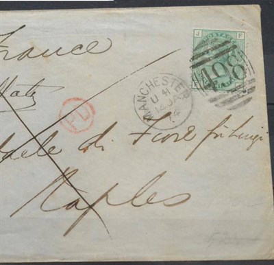 Lot 1227 - Great Britain. January 1874 cover to Naples via France, bearing an 1873 1s green F-J, Plate 8, tied