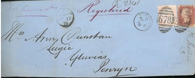 Lot 1228 - Great Britain. 1876 Registered mixing franking cover to Penryn bearing 1864 1d red A-L, Plate...