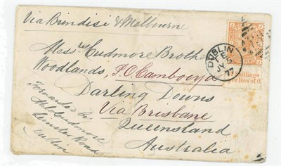 Lot 1229 - Great Britain. 1877 Cover from Dublin to Australia bearing 1876 8d orange J-J, Plate 1, bottom...