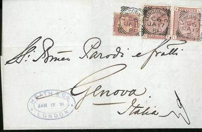 Lot 1233 - Great Britain. 1881 Outer letter sheet to Genoa, Italy. Bearing an unusual mixed franking. 1870...