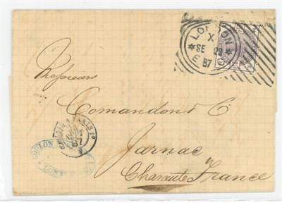 Lot 1235 - Great Britain. 1887 Outer letter sheet to France bearing 1884 2 1/2d lilac, tied to OLS, with a...