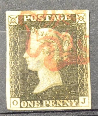 Lot 758A - Great Britain. 1840 1d Grey black O-J. Four margins, used with a red Maltese cross