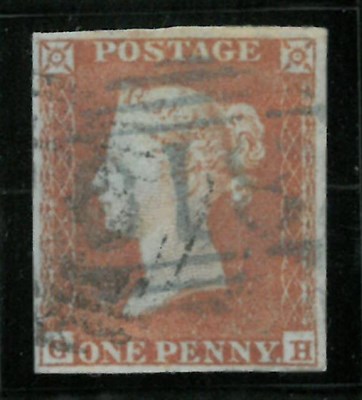 Lot 863A - Great Britain. 1841 1d Red-brown G-H. Four margins, used with the blue town obliterator 810 of...