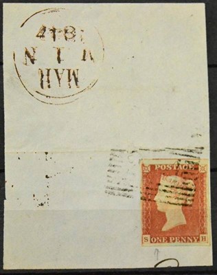 Lot 887A - Great Britain. 1841 1d Red-brown S-H. Four margins (just), used on small piece. Shows the...