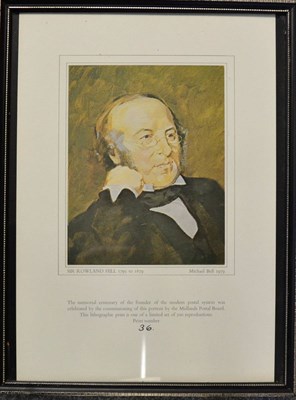 Lot 138 - A Modern Rowland Hill lithographic print 36/500. Also a framed Stamp Office Bankers Licence of 1809