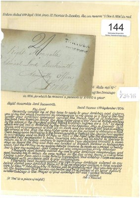 Lot 144 - Tortola, St Thomas. A September 6 1806 entire addressed to Right Honourable Admiral Lord Duckworth