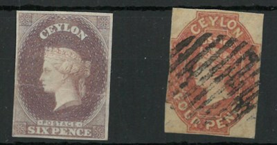 Lot 180 - Ceylon. 1857 6d proof and 4d used (margins just shaved on both verticals)