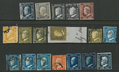 Lot 214 - Italian States - Sicily. Two stock cards housing 1859 1/2g (1), 1g (3 plus one on piece), 2g...