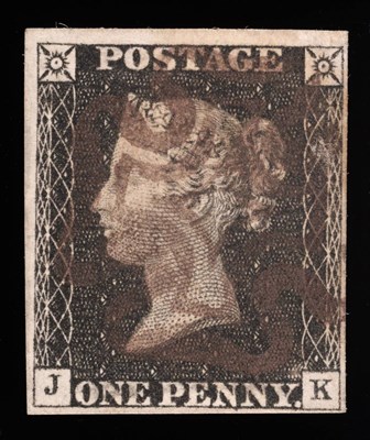 Lot 321 - Great Britain. 1840 1d black J-K, four margins. Used with a brown Maltese cross