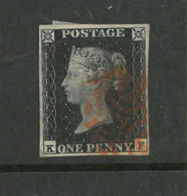 Lot 322 - Great Britain. 1840 1d black K-F, four margins. Used with red Maltese cross