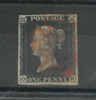 Lot 323 - Great Britain. 1840 1d Black O-H, four good margins. Used with red Maltese cross