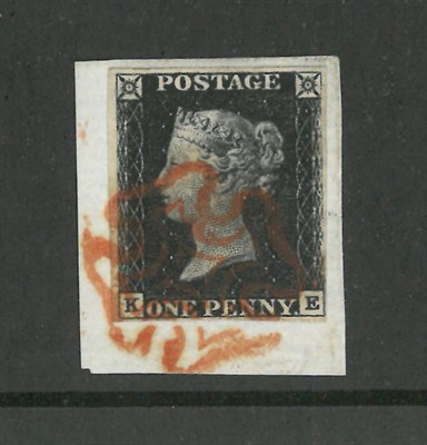 Lot 325 - Great Britain. 1840 1d black K-E, Plate 1b. Four margins, tied to small piece by orange-red?...