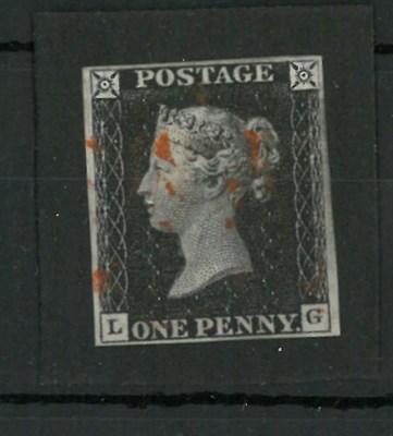 Lot 326 - Great Britain. 1840 1d black L-G, Plate 1b. Four margins, used with red Maltese cross