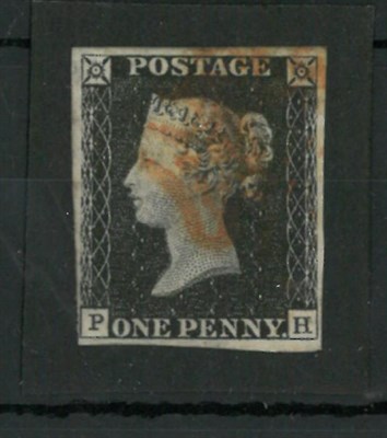 Lot 327 - Great Britain. 1840 1d black P-H, Plate 1b. Four margins, used with red Maltese cross