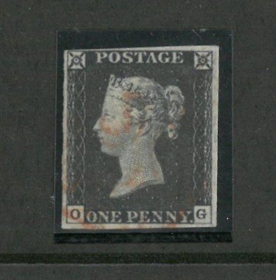 Lot 328 - Great Britain. 1840 1d black O-G, Plate 2, four margins.  Used with red Maltese cross