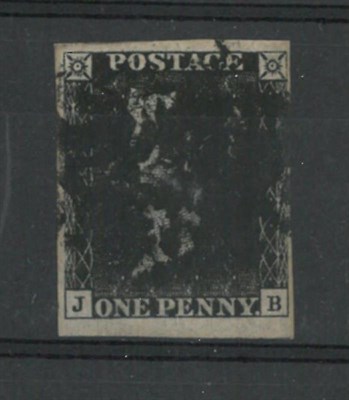 Lot 329 - Great Britain. 1840 1d black J-B, Plate 3, four margins. Used with a heavy black Maltese cross